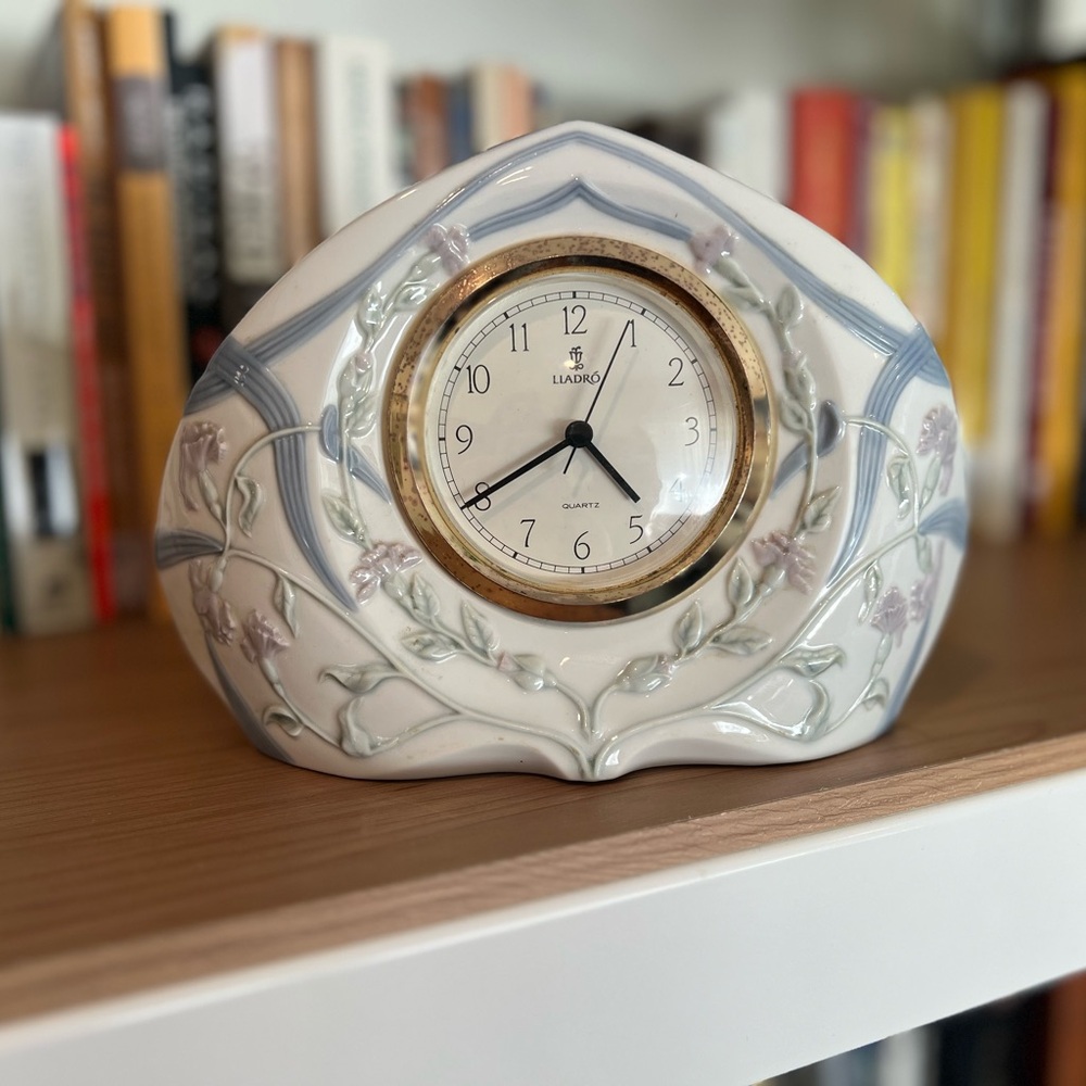 Lladro Vintage Ceramic Clock - White and Blue Pastel Floral Design - Granny Chic
